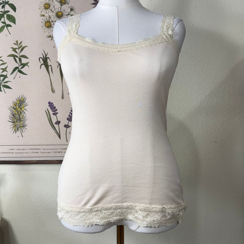 Vtg Y2k Cream Lace Trim Cami Top Fairy Grunge Coquette Forest Coastal Cowgirl L